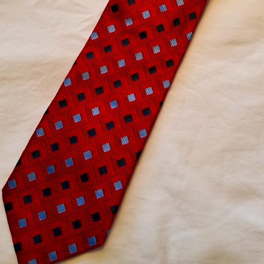 J.W. Nordstrom classic silk red tie w blue accents ... 58 in long, 3.75 in wide.